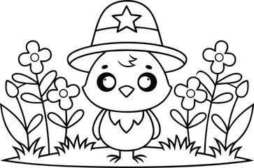 Cartoon Chick Outline in Star Hat with Flowers on Transparent Background