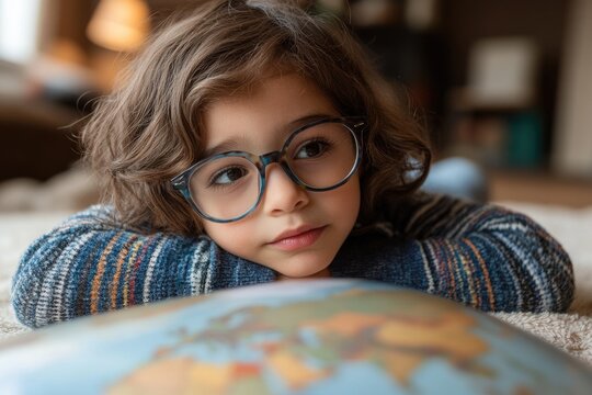 A child with glasses lies on a rug while gazing at a globe, curious and pensive