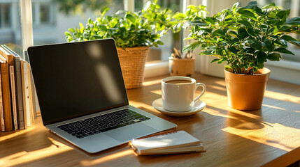 A close-up of a laptop on a desk with a blank screen
