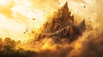Fototapeta na wymiar A crumbling historical temple engulfed in dust and debris exemplifying the harsh effects of age, natural disasters, and time on ancient architecture and heritage