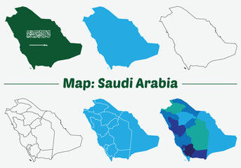 Maps of Saudi Arabia Flag, Outline, and Regional Divisions, Saudi Arabia country map set. internal provinces borders marked, Simple map of Saudi Arabia vector drawing.