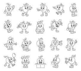 Funny apple character set in retro cartoon style showing various emotions and activities with accessories like, balloon, book and flower for yours illustration and creative projects