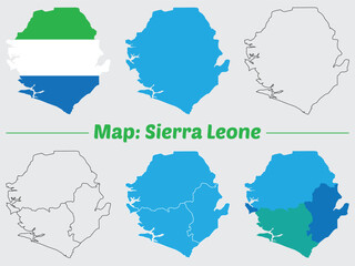 Maps of Sierra Leone, Outline, and Regional Divisions, Sierra Leone country map set. internal provinces borders marked, Simple map of Sierra Leone vector drawing.