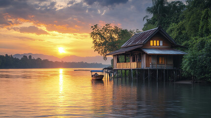 Fototapeta premium Traditional Thai wooden house on stilts by river at sunset, serene atmosphere