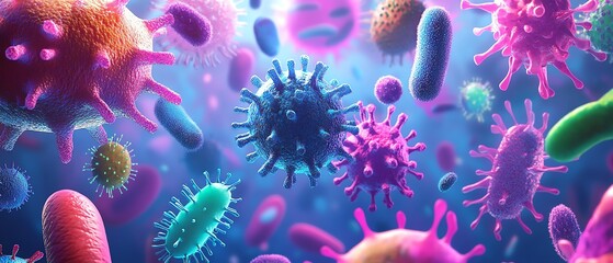 Fototapeta premium Cute cartoonstyle collection of diverse bacteria, each microbe with unique features, vibrant colors, fun and educational, set of microbes, 8K render