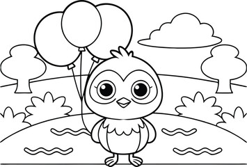 Cartoon Bird With Balloons in a Landscape Outline Design for Coloring Page
