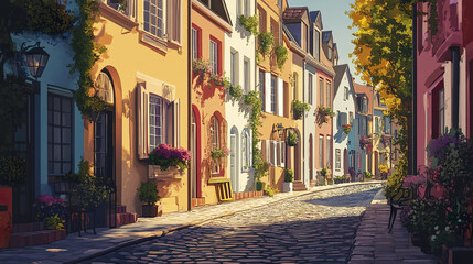 Fototapeta premium Colorful row houses line cobbled street, creating charming scene