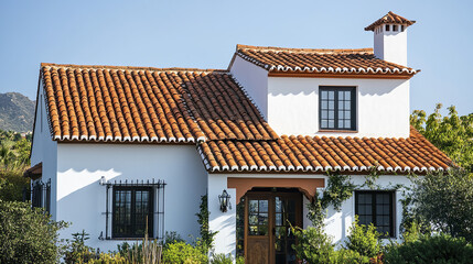 Fototapeta premium White stucco house with red tile roof under clear blue sky