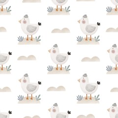 seamless pattern with cartoon gull, decor elements. colorful illustration, flat style. design for fabric, textile, print, wrapper.	
