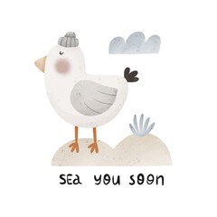 cartoon gull, hand drawn lettering, decor elements. Colorful illustration, flat style. hand drawing. baby design for cards, poster decoration, t-shirt print