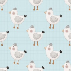 seamless pattern with cartoon gull, decor elements. colorful illustration, flat style. design for fabric, textile, print, wrapper.