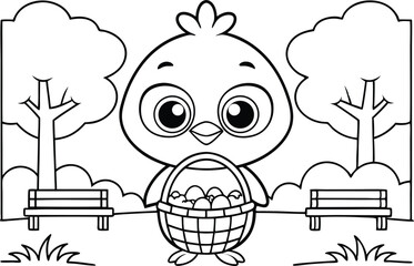 Cartoon Chick Holds Eggs Basket Outline in Park with Trees and Benches