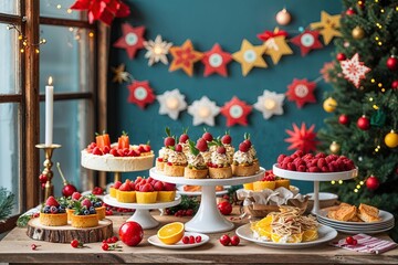 Fototapeta premium Festive Gathering Theme with Cheerful Culinary Treats and Upbeat Aesthetic Decor
