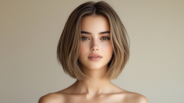 Young woman with a sleek blonde blunt bob haircut, facing front, no flyaways, smiling with visible upper teeth, slightly rounded chin, minimal makeup, natural skin texture with visible pores, 