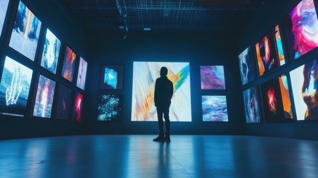 Blockchain architect developing NFT based digital art authentication systems, gallery with blockchain-backed digital art displays, NFT Blockchain style - Powered by Adobe