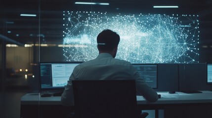 Blockchain consultant creating decentralized platforms for transparent supply chains, modern office with blockchain diagrams and supply chain data, Tech style