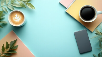 A well-lit flat lay of a workspace with a laptop, smartphone, coffee cup, and notebook. Soft pastel colors, minimalistic design, and a clean, organized layout.