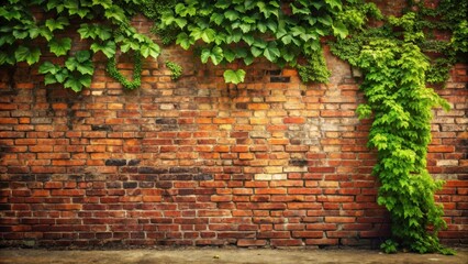 Rustic Brick Wall Background with Lush Green Climbing Vines, Perfect for Nature-Themed Designs and Textures