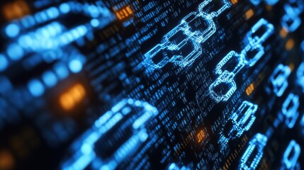 Blockchain developer creating decentralized identity verification systems for online security, office with blockchain interfaces and security data, Blockchain Tech style