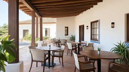 Fototapeta premium A patio with awnings and tables with chairs. The tables are covered with white tablecloths