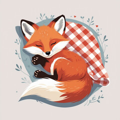 Cute sleeping fox curled up with a cozy blanket surrounded by gentle floral elements in a peaceful setting