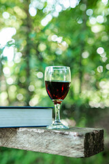 Books and wine glasses in the forest