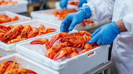 Lobster harvesting process seafood processing facility food industry refrigerated environment close-up view sustainable practices