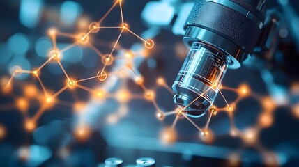 A high-powered microscope lens focuses on a complex network of glowing orange molecules du scientific research in a modern laboratory setting.