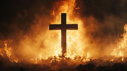 Artistic representation of a cross over a fiery blaze, signifying spiritual enlightenment and solace