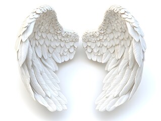 Obraz premium A pair of pristine white angel wings with detailed feather textures are presented against a plain white background.