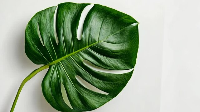 A striking monstera leaf lies flat against a pale backdrop, displaying its unique split shape and deep green color