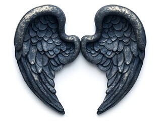 A pair of dark, ornate angel wings with textured detail are displayed against a clean white background.