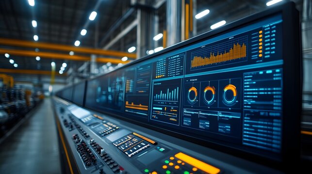 A futuristic industrial control system displays real-time data analytics and production monito on large monitors within a modern factory setting.