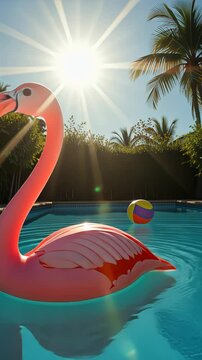 Inflatable flamingo relaxing in sunny pool with beach ball  