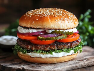 A juicy double cheeseburger with lettuce, tomato, onion, pickles, and creamy sauce sits on a rustic wooden board.