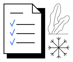Checklist document featuring three blue checkmarks, abstract leaf pattern, and snowflake icon. Ideal for task management, organization, planning, minimalism, efficiency, winter themes flat simple