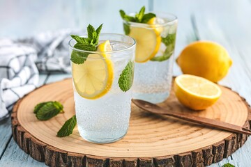 Fototapeta premium Refreshing ice cold water with lemon and mint