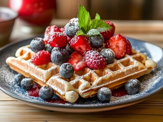 Delicious golden waffles topped with fresh strawberries raspberries and blueberries are served on a blue plate for a delightful breakfast.
