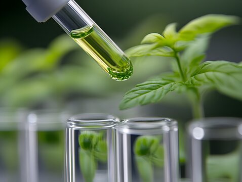 A scientist carefully drips a liquid extract from a pipette onto a vibrant green cannabis plant seedling in a laboratory setting.