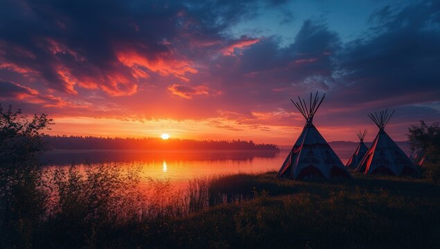 Stunning sunset over a serene lake with two traditional teepees silhouetted against the vibrant sky.