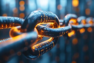 Digital blockchain chain representation with illuminated links symbolizing connectivity and technology.