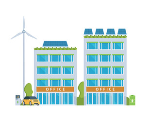 Green Sustainable Office Building with Solar Panels and Wind Turbines, Eco-Friendly Concept City Element. Vector illustration