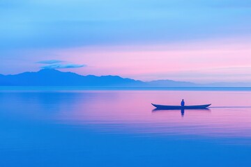 Serene Waters: Solitary Figure in Boat, Pastel Sky Reflection, Distant Mountains.