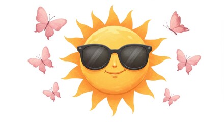 Sun with Sunglasses and Orange Butterflies