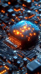 Circuit board, glowing chip, close-up view