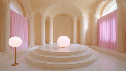 Elegant neoclassical room with pink curtains & sphere lights on a tiered platform