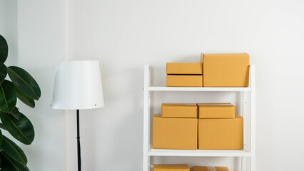 Product packaging awaiting delivery. Goods packages lying on storehouse racks, waiting for transportration in empty storage.