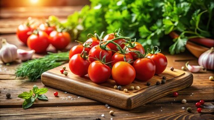 A cluster of ripe red tomatoes on a rustic wooden cutting board, surrounded by fresh herbs and peppercorns
