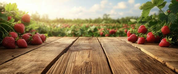 Fresh strawberries on a rustic wooden table overlooking a vast, sunny strawberry field.