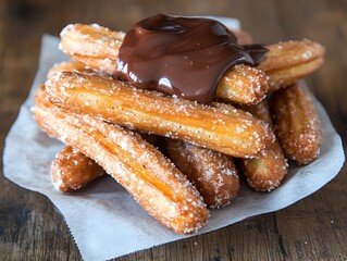 A delectable stack of golden brown churros generously drizzled with rich, decadent melted chocolate sits on parchment paper atop a rustic wooden